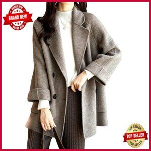 Wool Blend Pea Coat Double Breasted Loose Fit Winter Overcoat Women's